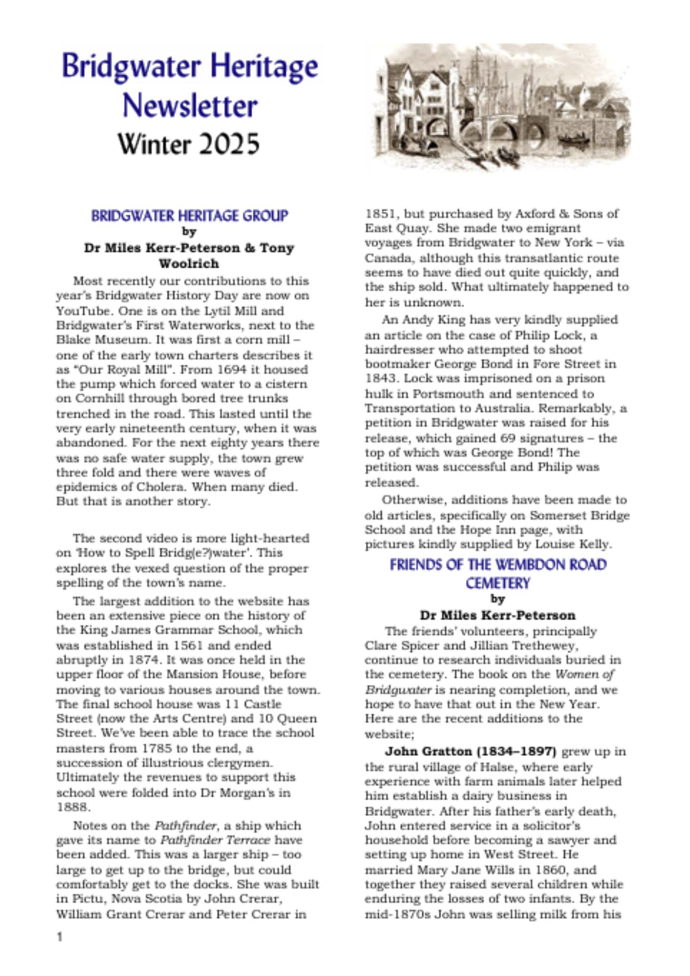 Bridgwater Heritage Newsletter Winter 2025 Cover